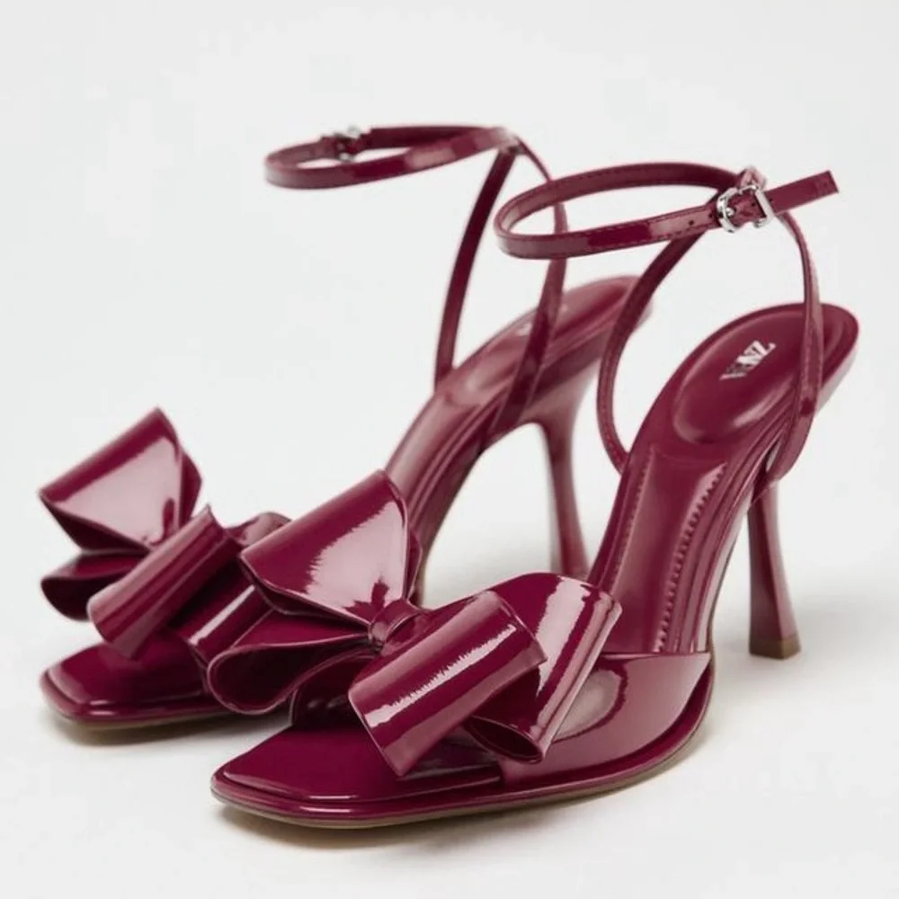 Zara PATENT EFFECT BOW SANDALS - Strawberry Red size 39 or size 8 only worn once - Picture 1 of 8